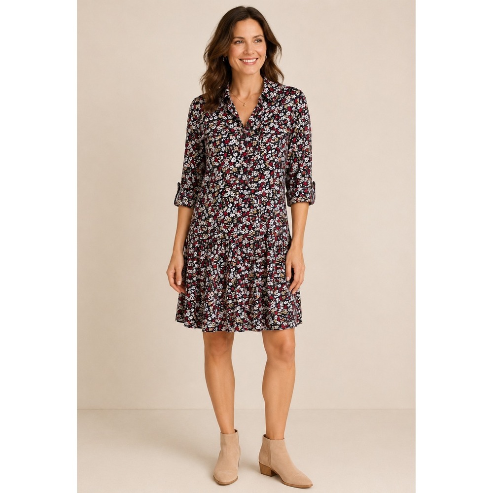 Lands' End Shirt Dress Womens 10 Navy Blue Floral Print Cotton Pockets